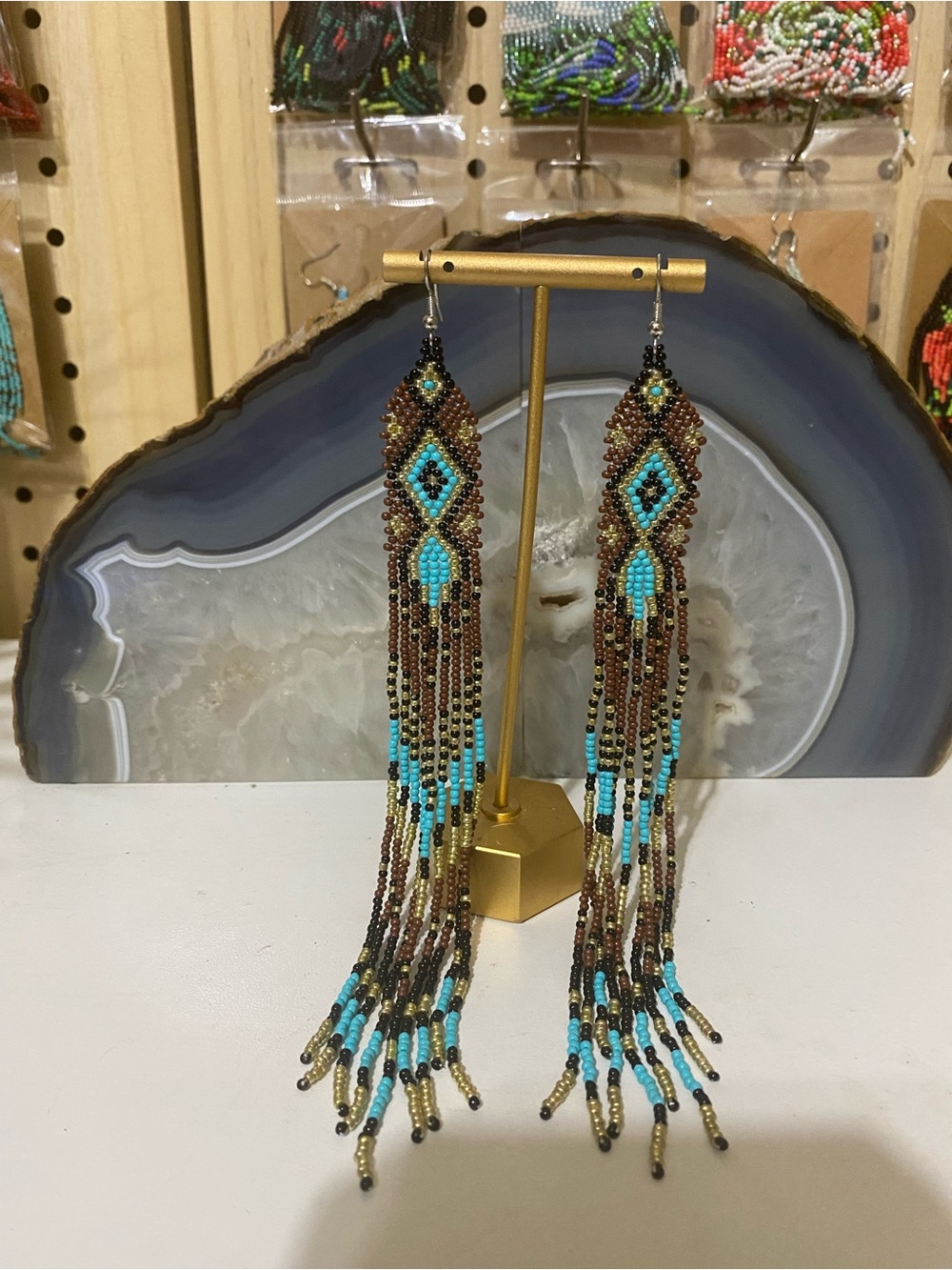 Boho Turquoise and Brown Beaded Fringe Earrings